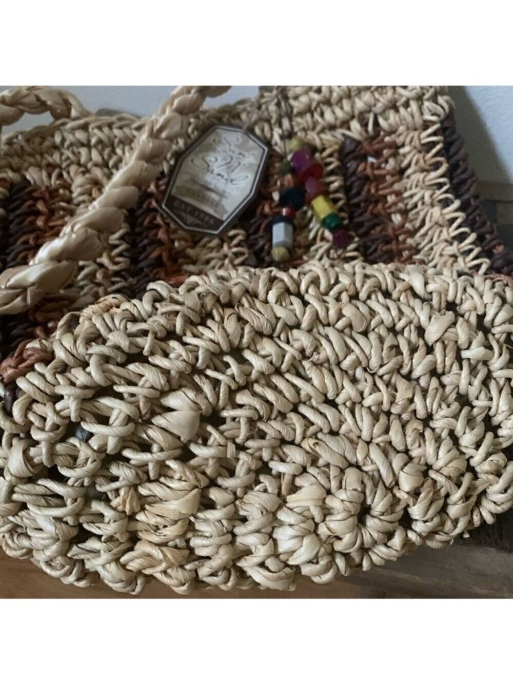 Sun ‘N’ Sand Brown and Tan Straw Shoulder Bag Tote Purse NWT - Picture 8 of 14